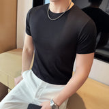 Verão fino gelo seda elástica cor sólida t camisa masculina manga curta fino ajuste gola redonda casual respirável camiseta roupas masculinas