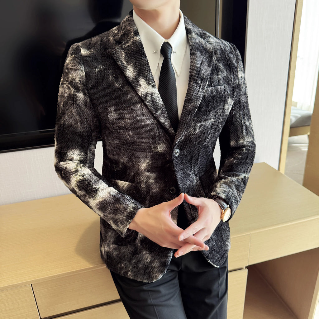 Alta qualidade tie dye chenille moda masculina casual terno jaqueta outono inverno novo coreano fino ajuste terno de casamento social blazer