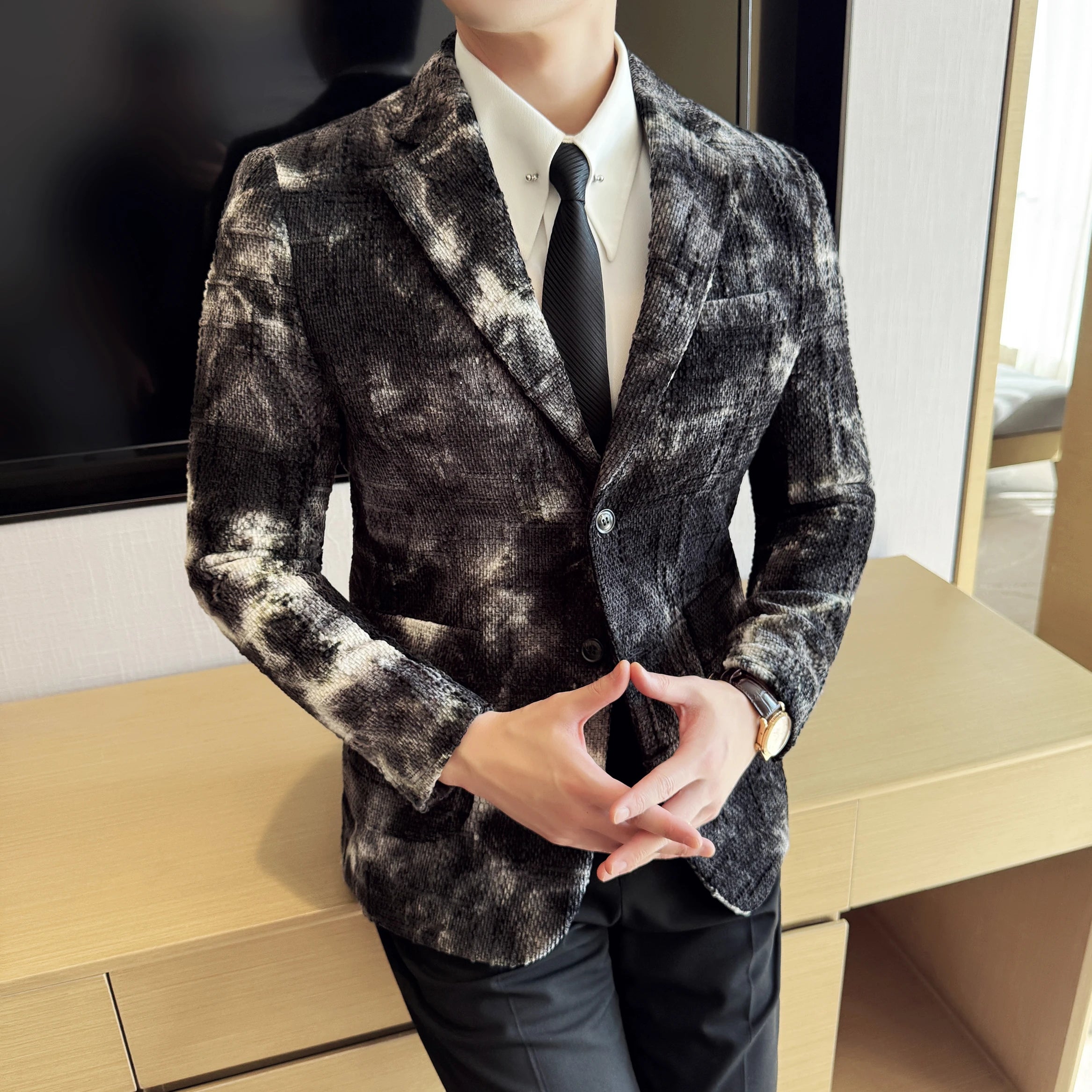 Alta qualidade tie dye chenille moda masculina casual terno jaqueta outono inverno novo coreano fino ajuste terno de casamento social blazer