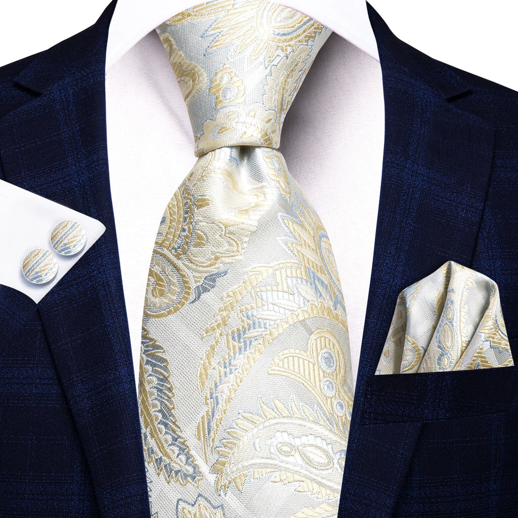 Hi-tie floral champanhe marfim masculino elegante gravata lenço abotoaduras para smoking moda clássico seda gravata de luxo para homem