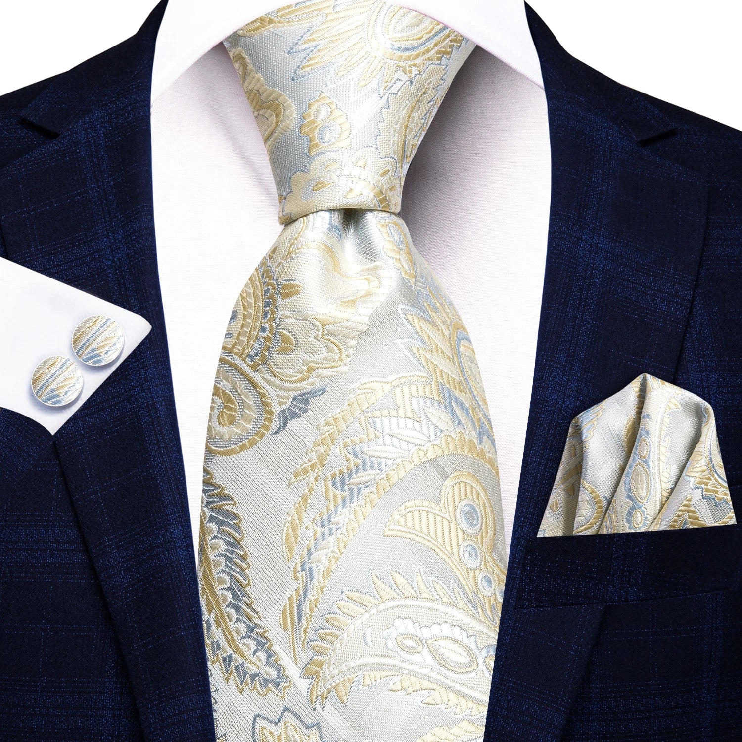 Hi-tie floral champanhe marfim masculino elegante gravata lenço abotoaduras para smoking moda clássico seda gravata de luxo para homem