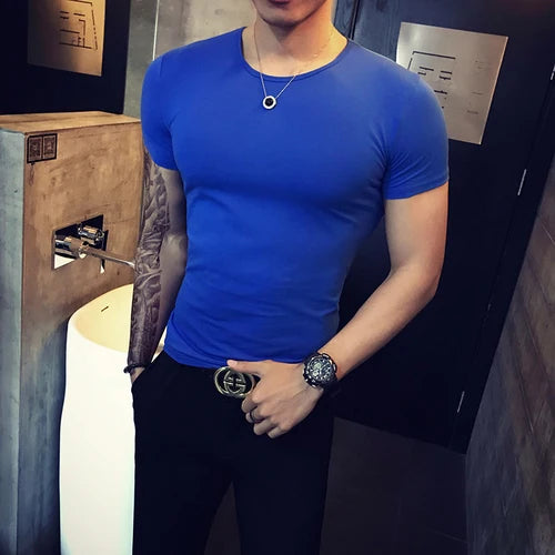 Camiseta de manga curta masculina, simples com gola redonda, slim fit, camiseta casual fitness, roupa sólida, tamanho grande 4XL-M, verão, 2022