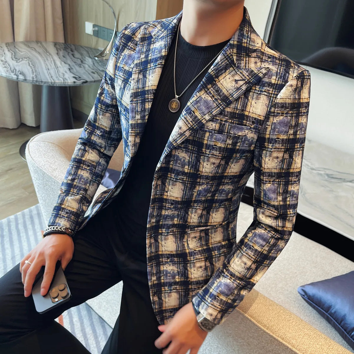 Estilo britânico de luxo xadrez terno jaqueta 2025 outono novos homens high-end negócios fino blazers noivo casamento festa social vestido casacos