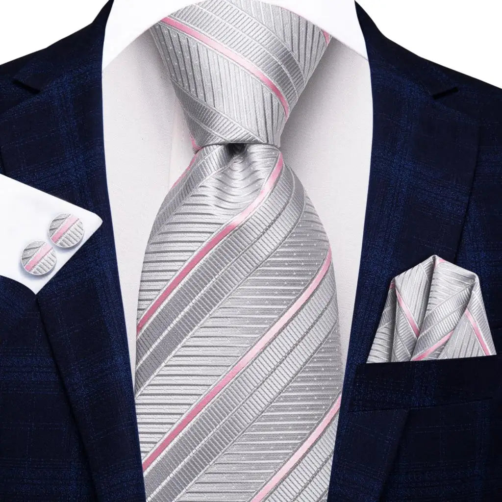 Gravatas masculinas branco sliver hanky abotoaduras conjunto de seda pescoço laços para festa de casamento negócios gravata masculina 2022 nova marca de moda hi-tie