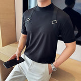 T-shirt de tecido masculino para decoração, slim fit, elástico, gola meia alta, camiseta de manga curta, design de emenda, moda coreana, nova