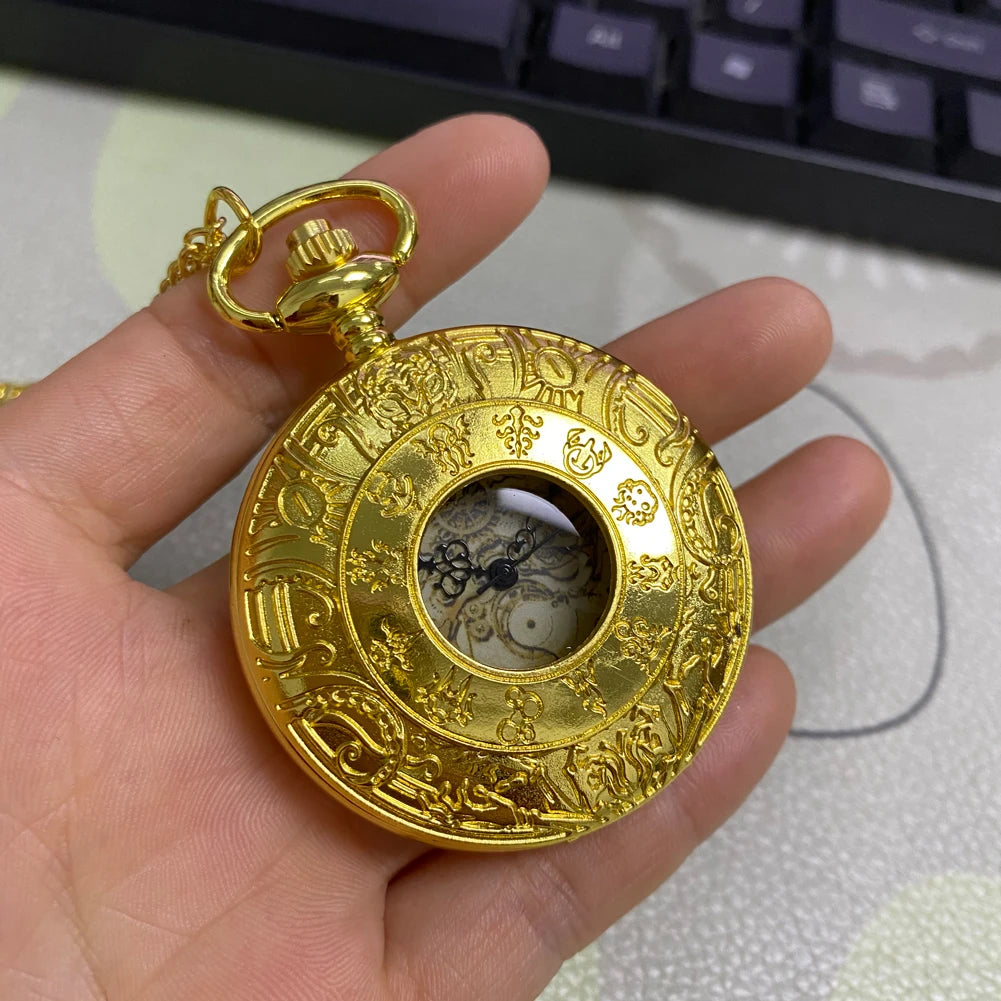 Cor dourada esculpida 12 constelações engrenagem dial design oco esqueleto roda carretel relógio de bolso de quartzo fob corrente engrenagem relógios