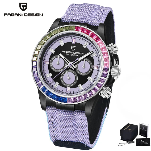 Pagani design novo 40mm arco-íris moldura cronógrafo safira relógio mecânico automático masculino aço inoxidável à prova dwaterproof água
