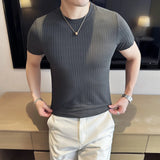 Verão gelo seda elástica listra fina camiseta masculina fino ajuste manga curta tripulação pescoço respirável versátil camiseta topos 4xl-m