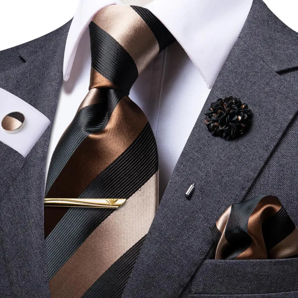 Gravata amarela marrom Paisley para homens, clipe de seda masculino, gravata de luxo, conjunto de abotoaduras, presente de casamento formal