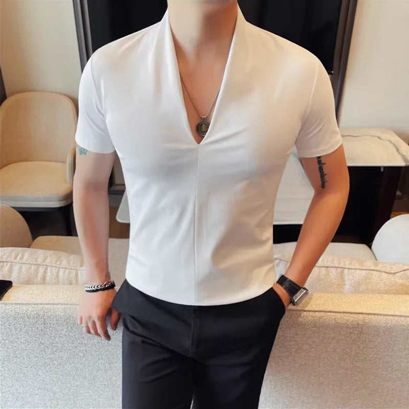 Camiseta masculina com decote em v 2025 verão moda sólida manga curta t camisa masculina fino ajuste casual versátil camisetas topo roupas masculinas