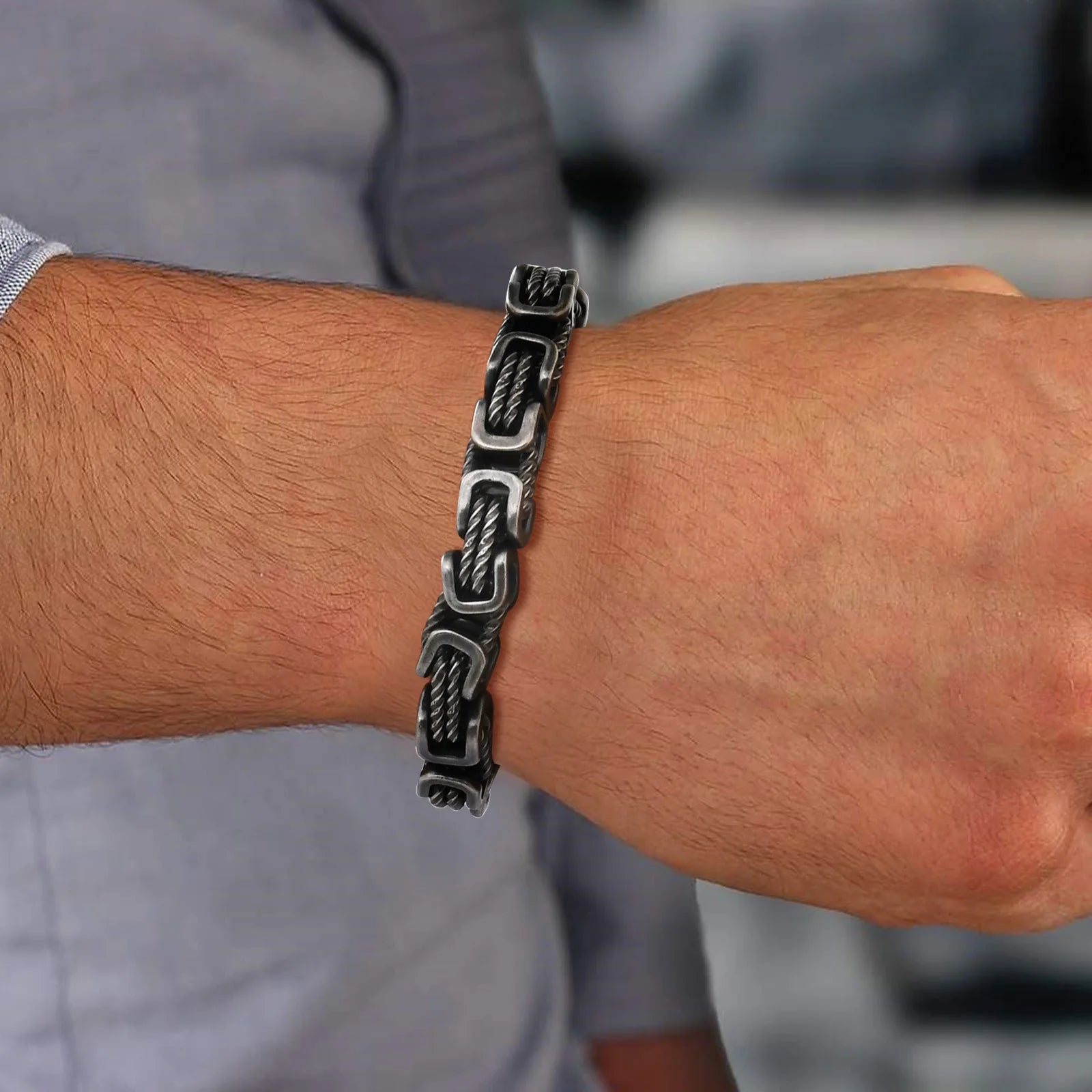 Pulseiras bizantinas grossas masculinas, pulseira retrô cinza de aço inoxidável de 8 mm com elo trançado, joia vintage presente para ele menino
