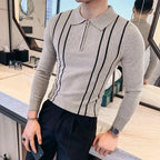 2024 outono inverno nova camisola listrada para homens moda zíper flip colarinho de malha camisa polo masculina manga longa magro casual puxar