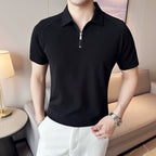 Verão masculino sólido camisa polo 2025 moda turn down collar zíper design fino ajuste casual elástico camisetas roupas masculinas 4xl-m