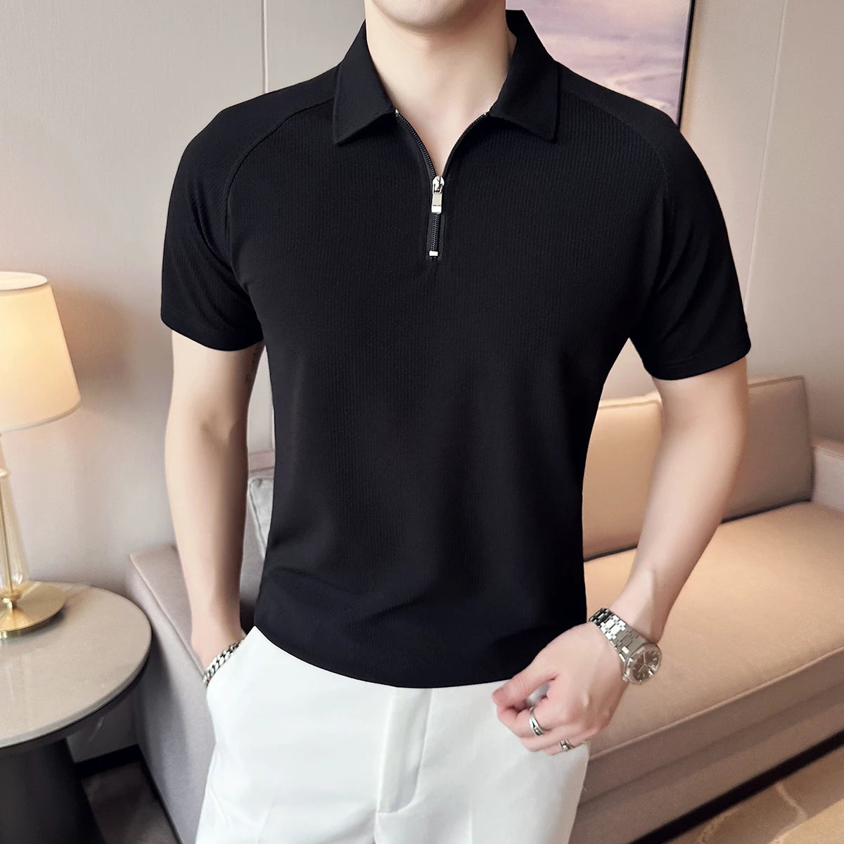 Verão masculino sólido camisa polo 2025 moda turn down collar zíper design fino ajuste casual elástico camisetas roupas masculinas 4xl-m