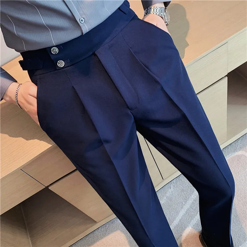 Estilo britânico novos homens sólidos calças de cintura alta alta qualidade formal negócios fino ajuste escritório terno calças festa social vestido