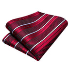 Hi-tie listrado borgonha azul preto masculino elegante gravata lenço abotoaduras 3 pçs conjunto moda clássico seda gravata de luxo para homem
