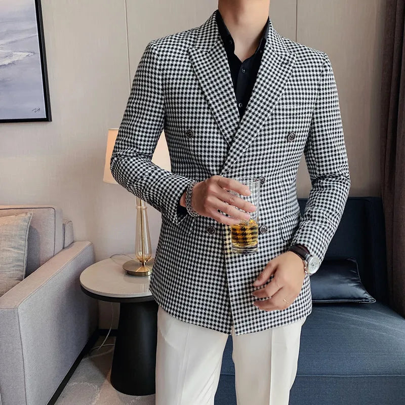 Estilo britânico fino ajuste houndstooth blazer para homens 2023 moda duplo breasted negócios escritório vestido de casamento terno jaqueta