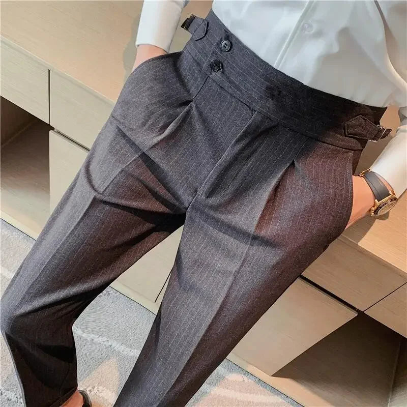 Estilo britânico outono novo vestido de cintura alta calças homens cinto design listras terno fino calças formal casamento festa social calças masculinas