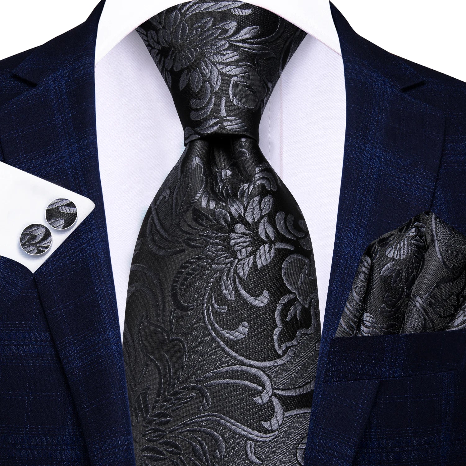 Hi-tie moda 8.5cm preto cinza floral masculino elegante gravata lenço abotoaduras conjunto acessórios de festa de casamento presente para homem gravat