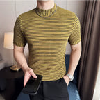 Moda listra impressa t camisas para homens verão casual meia alta pescoço fino ajuste respirável camisetas pullovers roupas masculinas 4xl-m