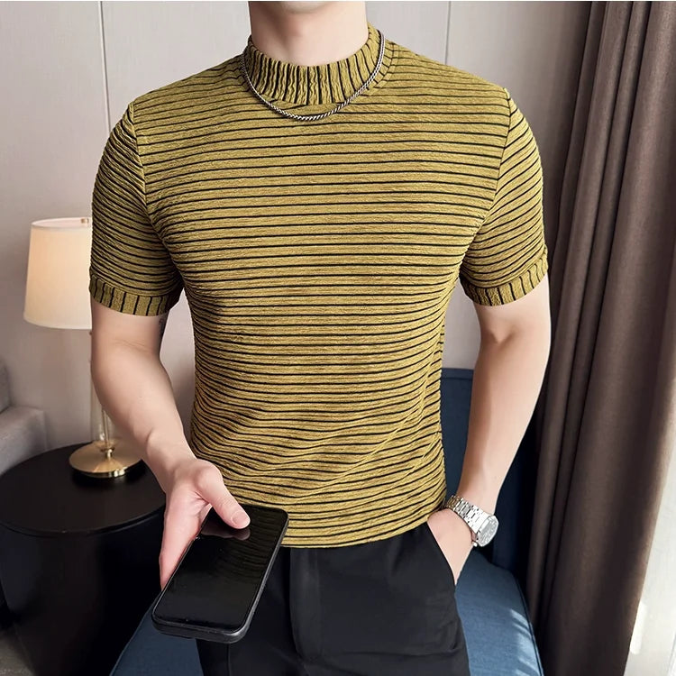 Moda listra impressa t camisas para homens verão casual meia alta pescoço fino ajuste respirável camisetas pullovers roupas masculinas 4xl-m