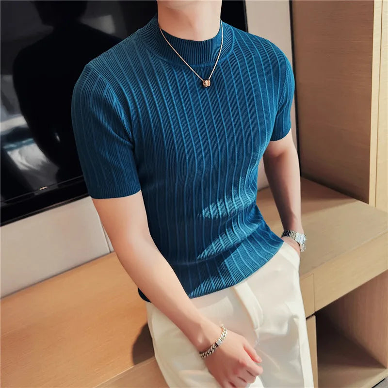 2024 verão malha elasticidade t camisa masculina meia gola alta manga curta casual fino ajuste camisola topos t clube social camiseta