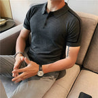 Cor bloqueada listrado camisa polo de malha dos homens verão manga curta lapela gelo seda t masculino fino negócios polos sociais streetwear