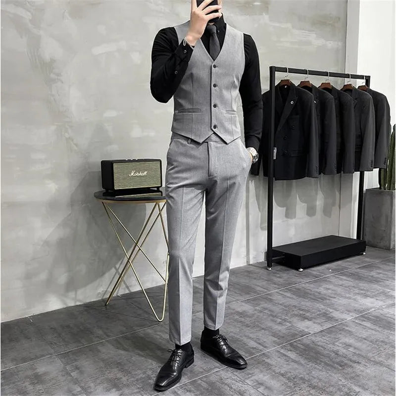 Plus size S-7XL homem coreano magro ajuste personalizado noivo negócios casual smoking blazers colete calça casual casamento social smoking vestido