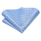 Hi-tie masculino elegante gravata lenço abotoaduras 3 pçs conjunto xadrez azul claro para smoking moda clássico seda luxo gravata para homem