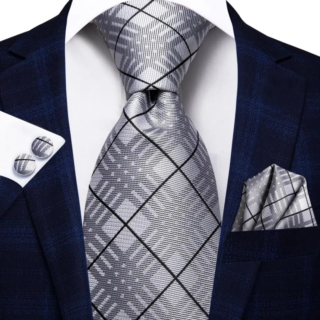 Gravatas masculinas branco sliver hanky abotoaduras conjunto de seda pescoço laços para festa de casamento negócios gravata masculina 2022 nova marca de moda hi-tie