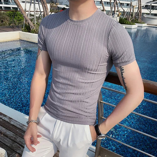 Estilo britânico verão fino gelo seda sólida t camisas roupas masculinas 2022 em torno do pescoço manga curta fino ajuste casual camiseta topo streetwear