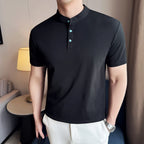 Turquesa botão design henry pescoço polo camisa 2025 verão nova manga curta masculina fino ajuste sólido confortável algodão camisetas topos