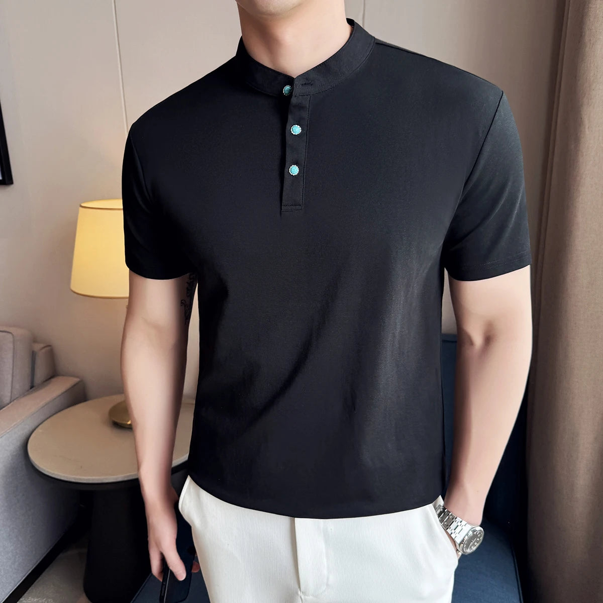 Turquesa botão design henry pescoço polo camisa 2025 verão nova manga curta masculina fino ajuste sólido confortável algodão camisetas topos