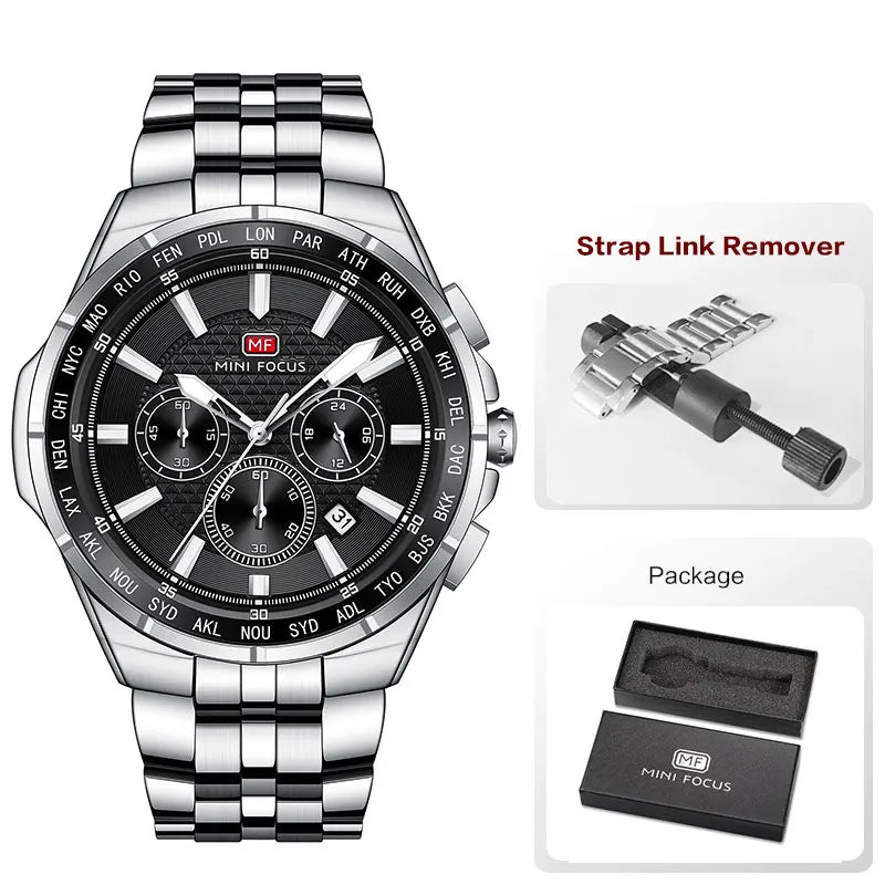 MINI FOCUS Moda Casual Relógio de Quartzo para Homens Relógio de Pulso Multifuncional com Mãos Luminosas Banda de Aço Cronógrafo Calendário Data