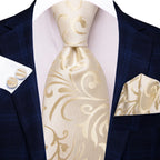 Hi-tie floral champanhe marfim masculino elegante gravata lenço abotoaduras para smoking moda clássico seda gravata de luxo para homem