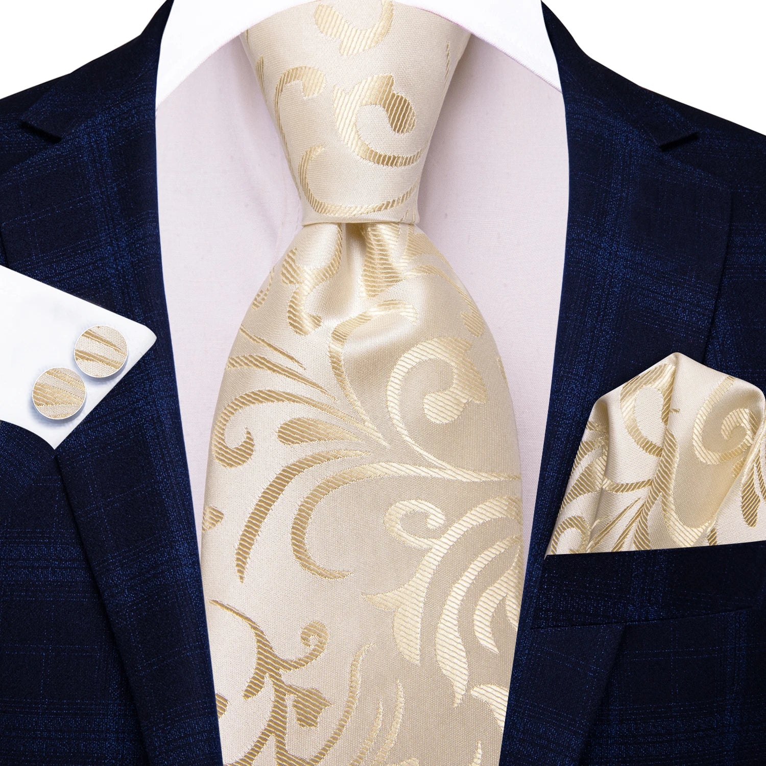 Hi-tie floral champanhe marfim masculino elegante gravata lenço abotoaduras para smoking moda clássico seda gravata de luxo para homem