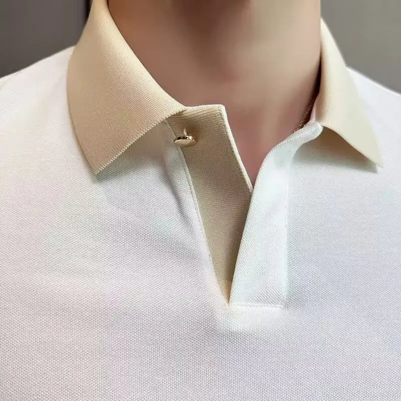 Moda verão cor bloqueada turn down collar polos camisas masculinas de seda gelo manga curta magro casual negócios social camisetas 4xl-m