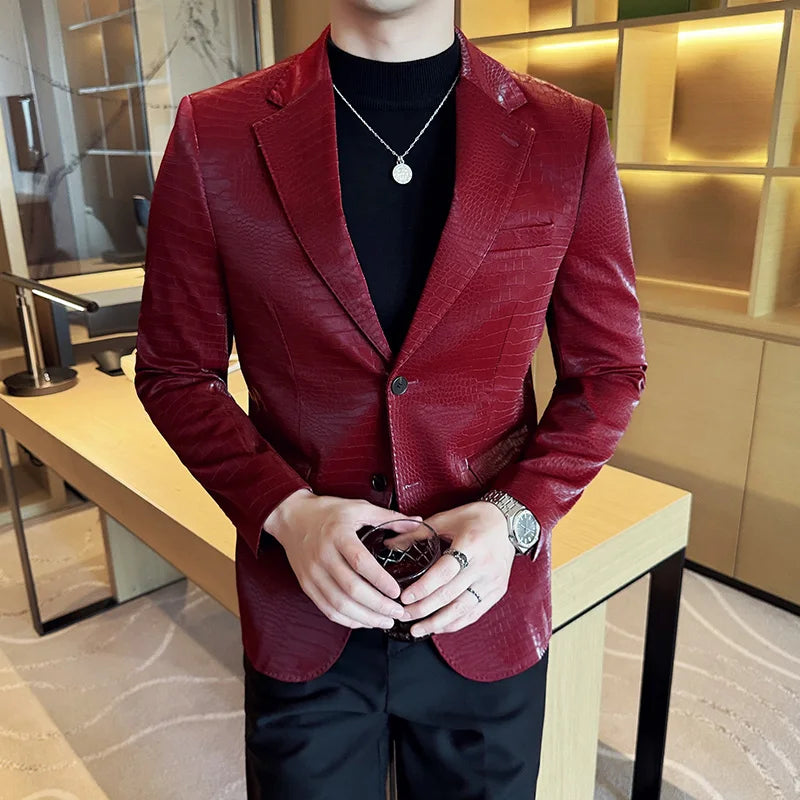Nova alta qualidade listra de crocodilo fino ajuste jaqueta de couro clássico negócios casual fino ajuste masculino blazer smoking roupas masculinas 4xl-m
