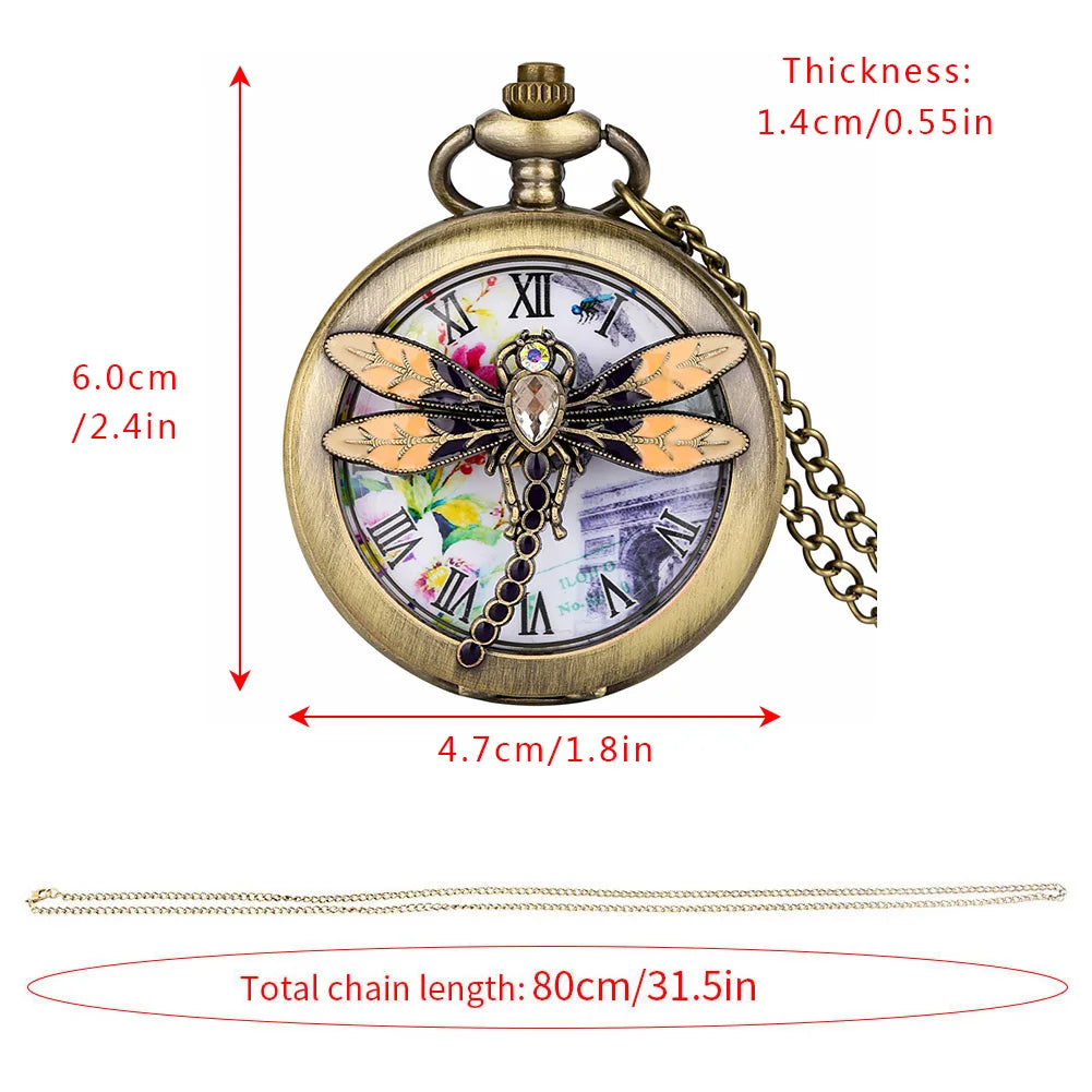 Relógio de bolso de quartzo libélula cristal diamante incrustado para mulheres, colar charmoso, pingente corrente, vestido elegante, relógio fob match