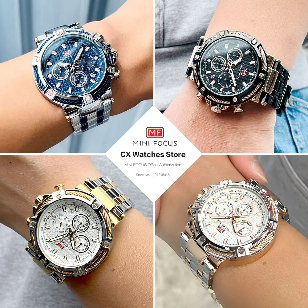 Mini foco analógico vestido de quartzo relógio masculino prata azul pulseira de aço inoxidável cronógrafo relógio de pulso luminoso com data 24 horas 0470
