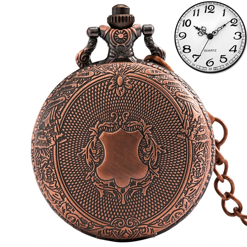 Luxo prata escudo coroa padrão relógio de bolso de quartzo moda colar pingente corrente jóias presente steampunk relógio para homem
