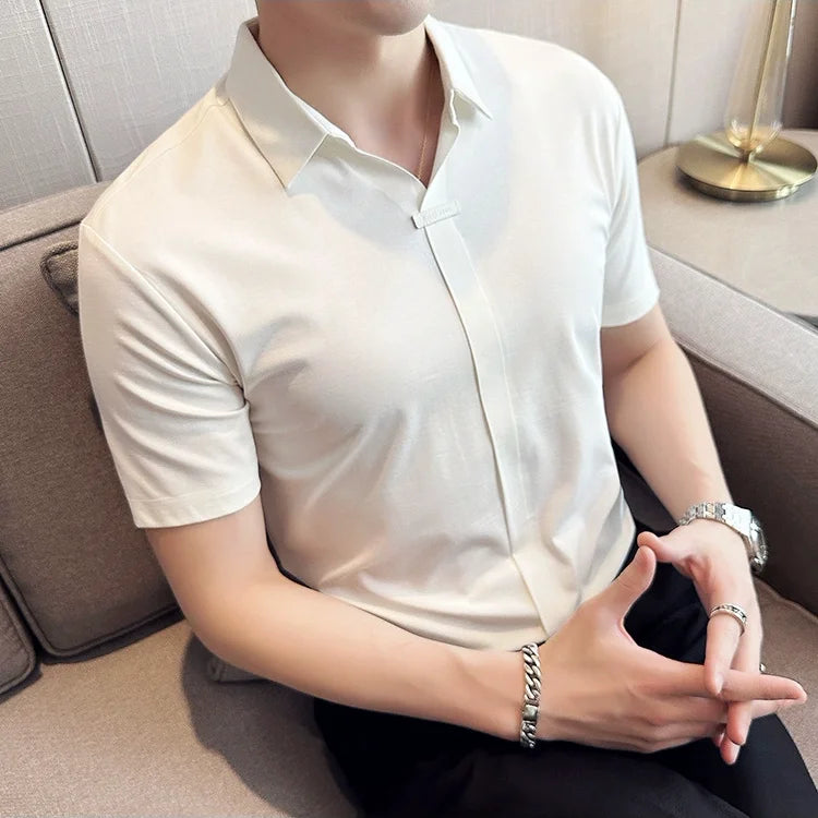 Verão de alta elasticidade com decote em v camisa polo masculina de alta qualidade seda gelo sem costura casual manga curta camiseta roupas masculinas 4xl-m