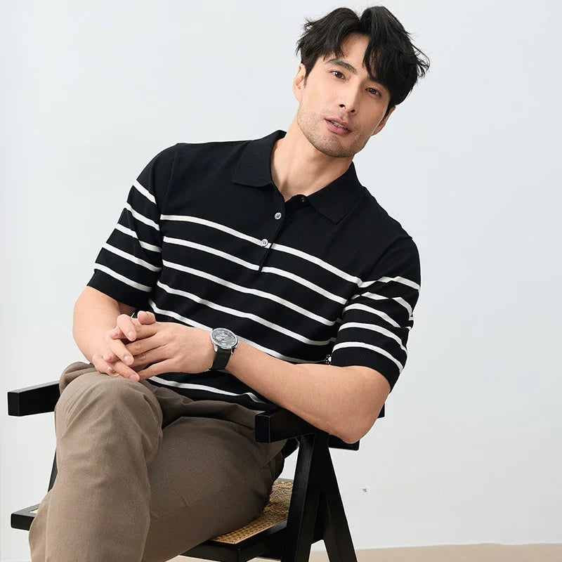 2025 verão masculino respirável listrado contraste painel polo camisa de alta qualidade casual manga curta malha camiseta topo roupas masculinas