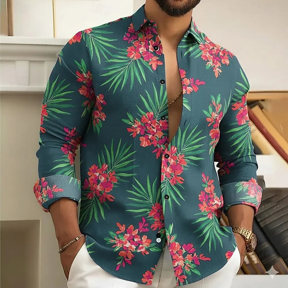 Plantas masculinas folha de palmeira flores camisa botão acima camisa manga longa moda casual diário outono cobrir impressão 3d camisas de colarinho