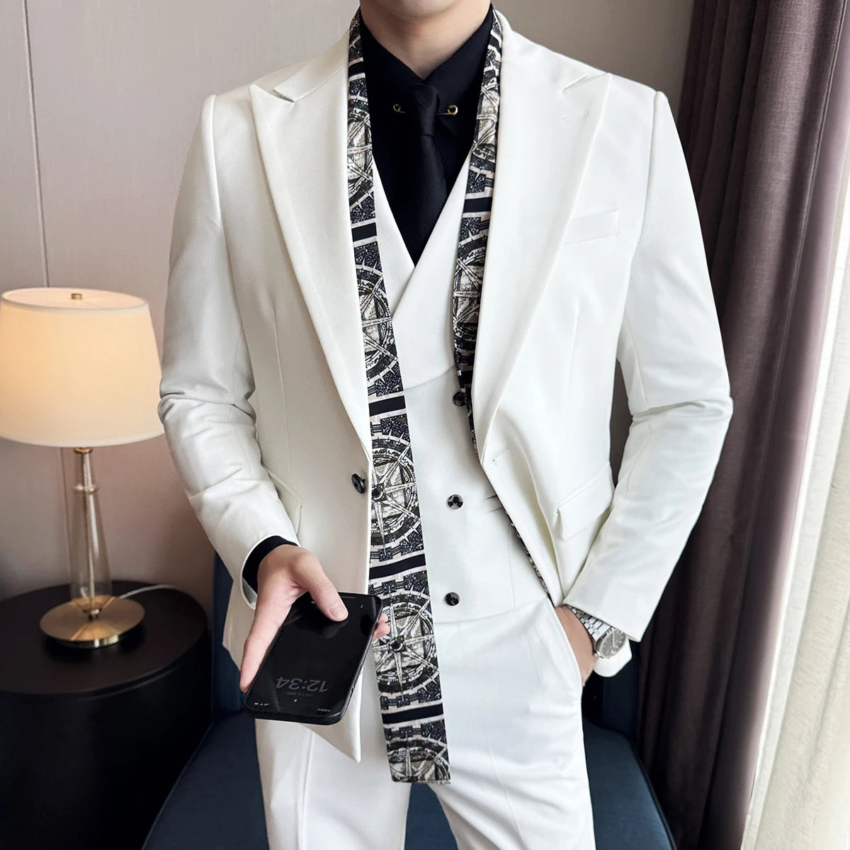 Conjunto de 3 peças slim fit smoking masculino, terno com gola dupla, cachecol, casual, de negócios, noivo, casamento, jaqueta, colete, calças