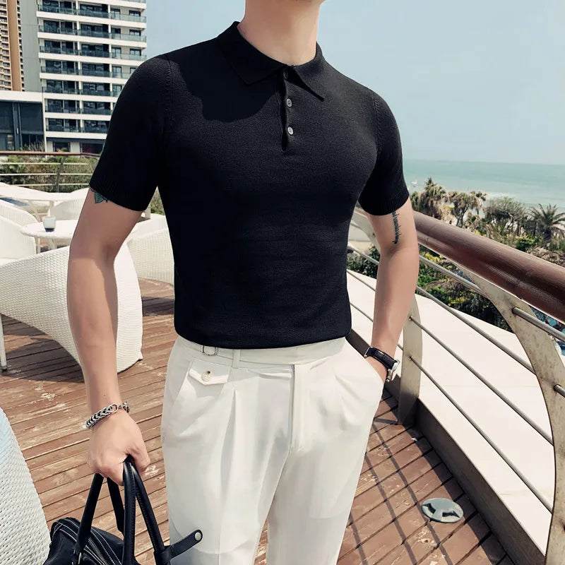 Camisa polo de manga curta Slim Fit masculina Polos de cor sólida, roupas formais de negócios casuais, novas marcas de moda, verão, 2022