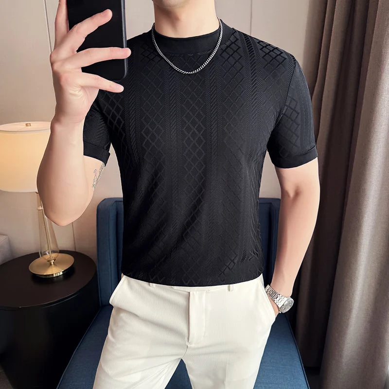 Camisa masculina listra grade t verão meia alta pescoço fino ajuste casual moda respirável elástico pulôver t roupas masculinas 4xl-m