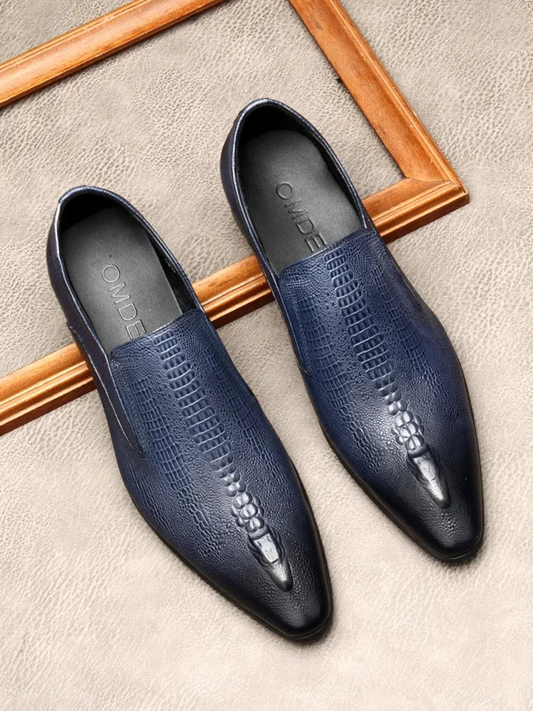 Sapato liso Oxford de couro genuíno masculino, preto, azul, padrão crocodilo, artesanal, sapatos formais, casamento, negócio, verão