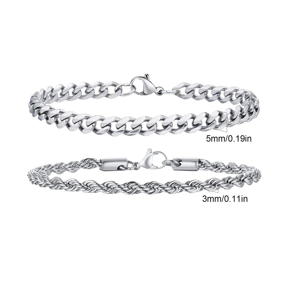 2 peças pulseiras de corrente masculina, corrente de corda torcida de aço inoxidável cor preta dourada prateada, presente de pulseira de corrente cubana da moda