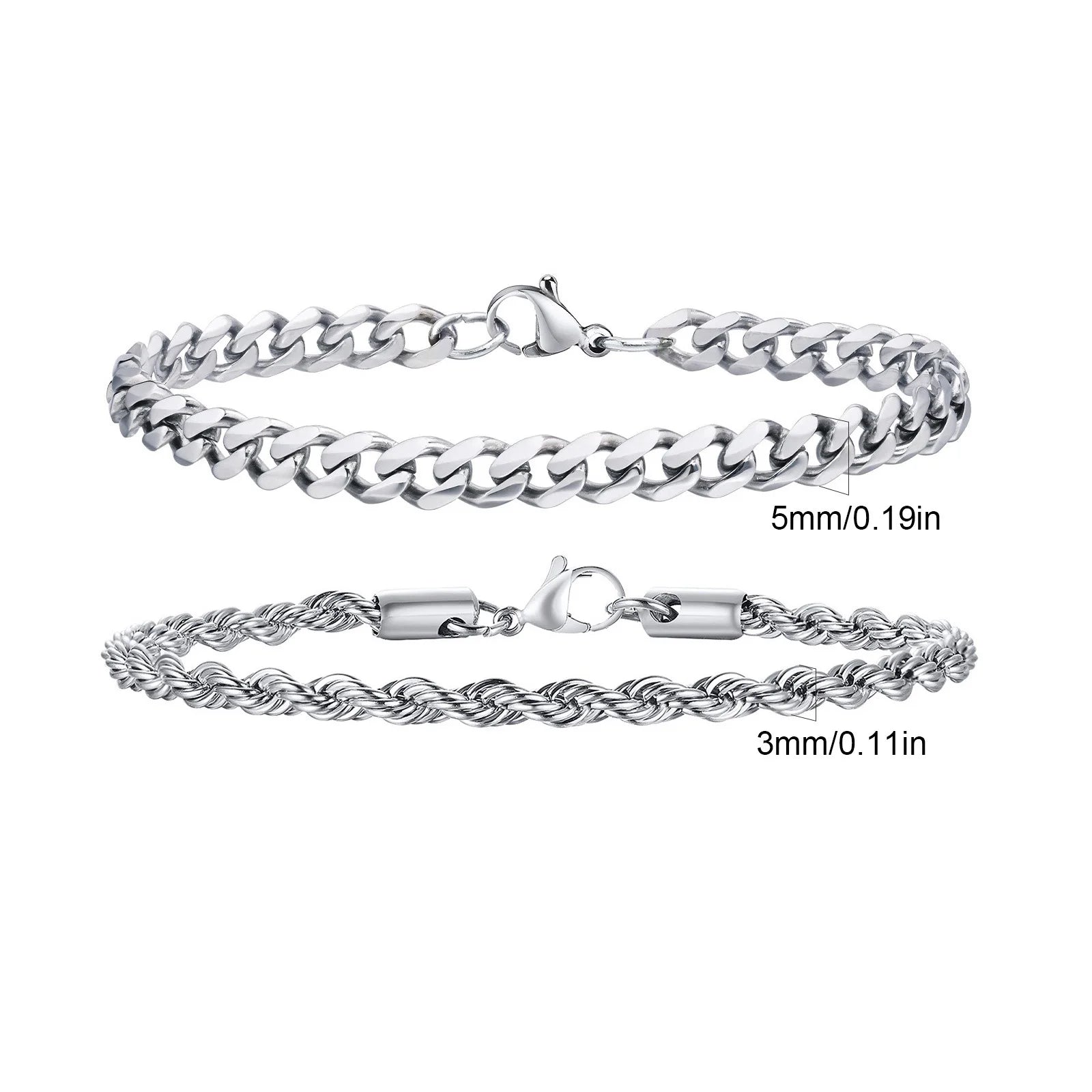 2 peças pulseiras de corrente masculina, corrente de corda torcida de aço inoxidável cor preta dourada prateada, presente de pulseira de corrente cubana da moda